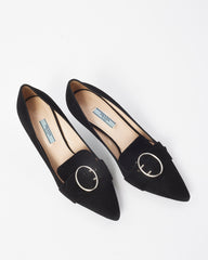 Prada Vintage Black Suede Buckle Pointed Toe Pumps - 38.5