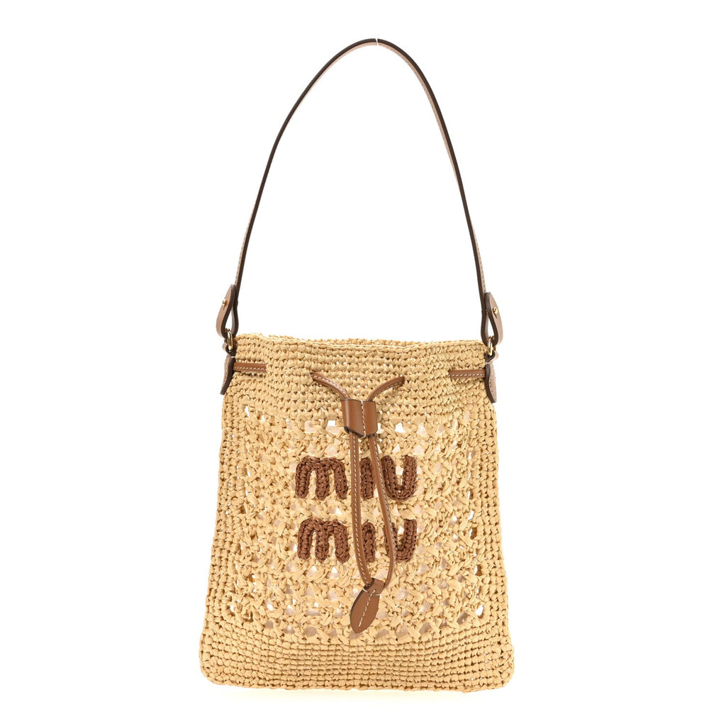 Raffia Crochet Drawstring Pouch Naturale Cognac