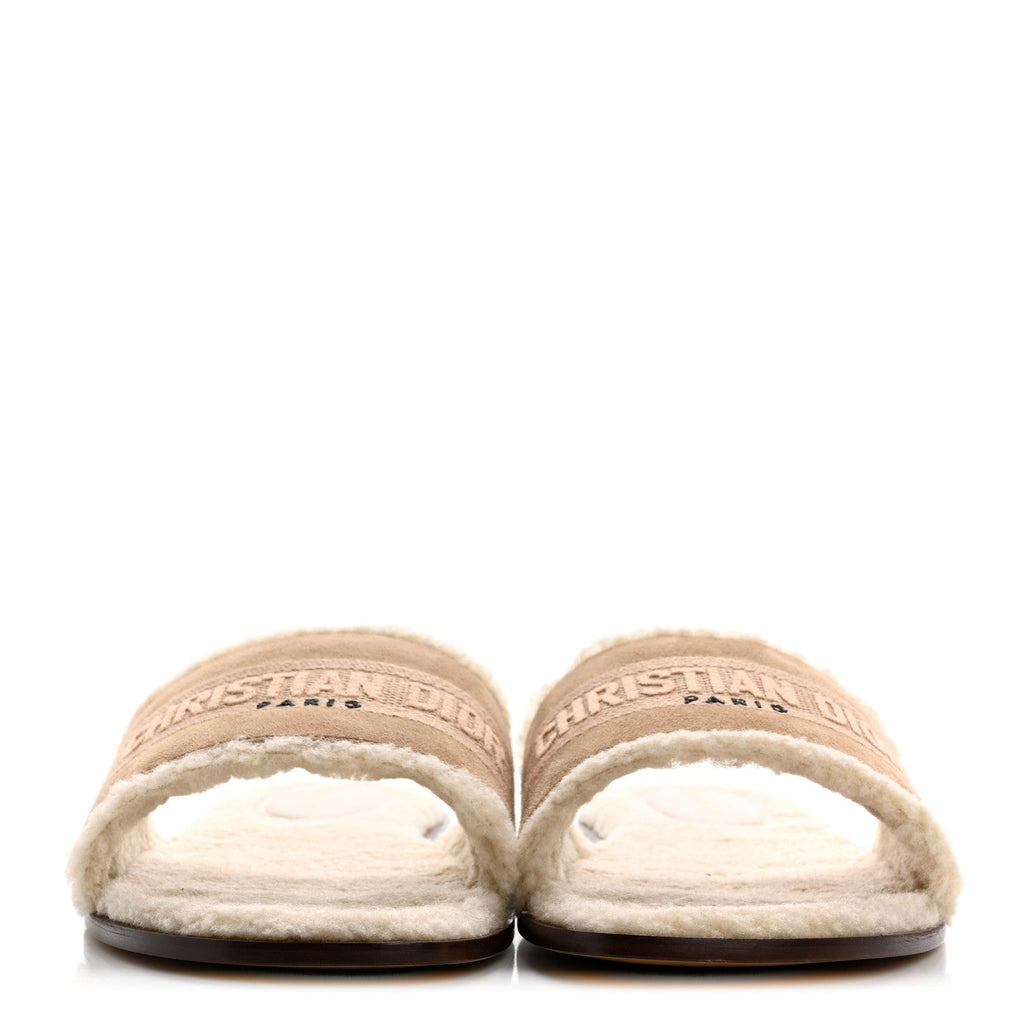 Suede Goatskin Shearling Embroidered Dway Slide Sandals 40.5 Cookie