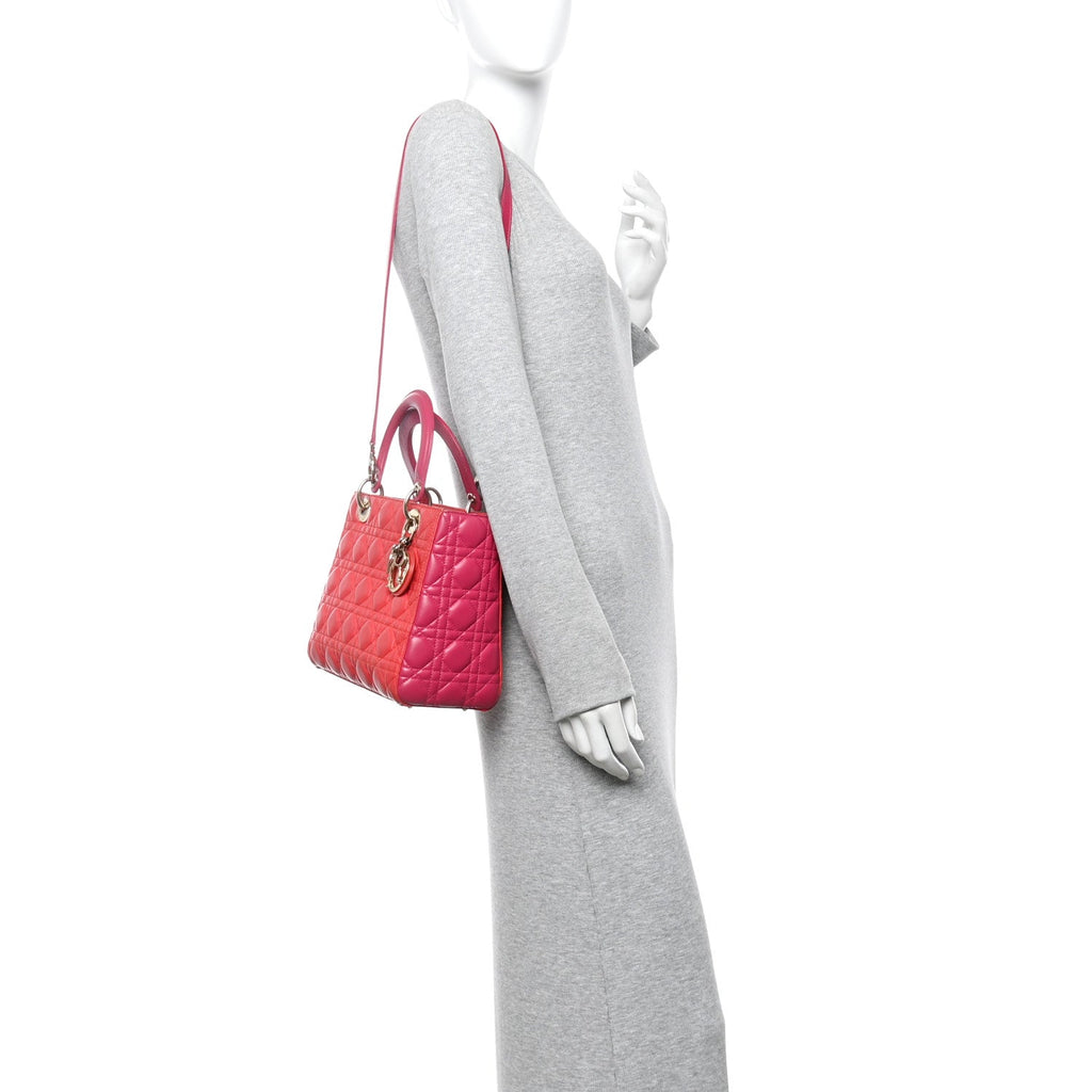 Lambskin Cannage Medium Bi-Color Lady Dior Orange Fuchsia