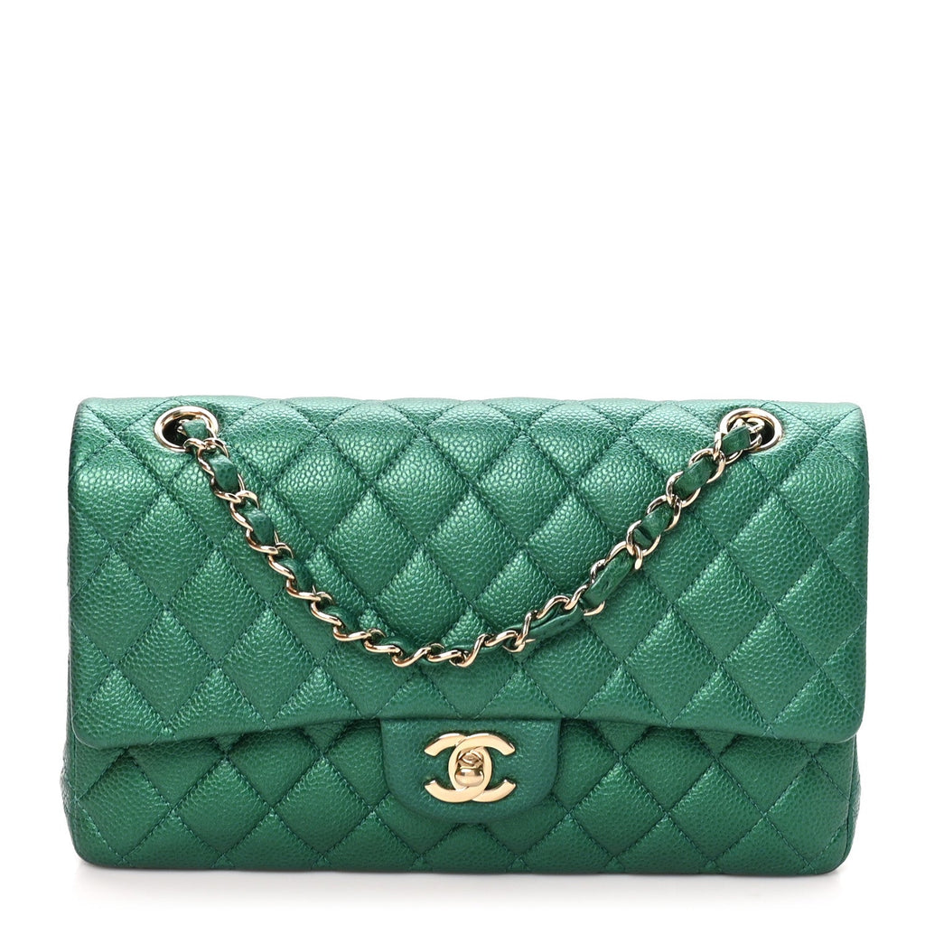 Metallic Caviar Quilted Medium Double Flap Green