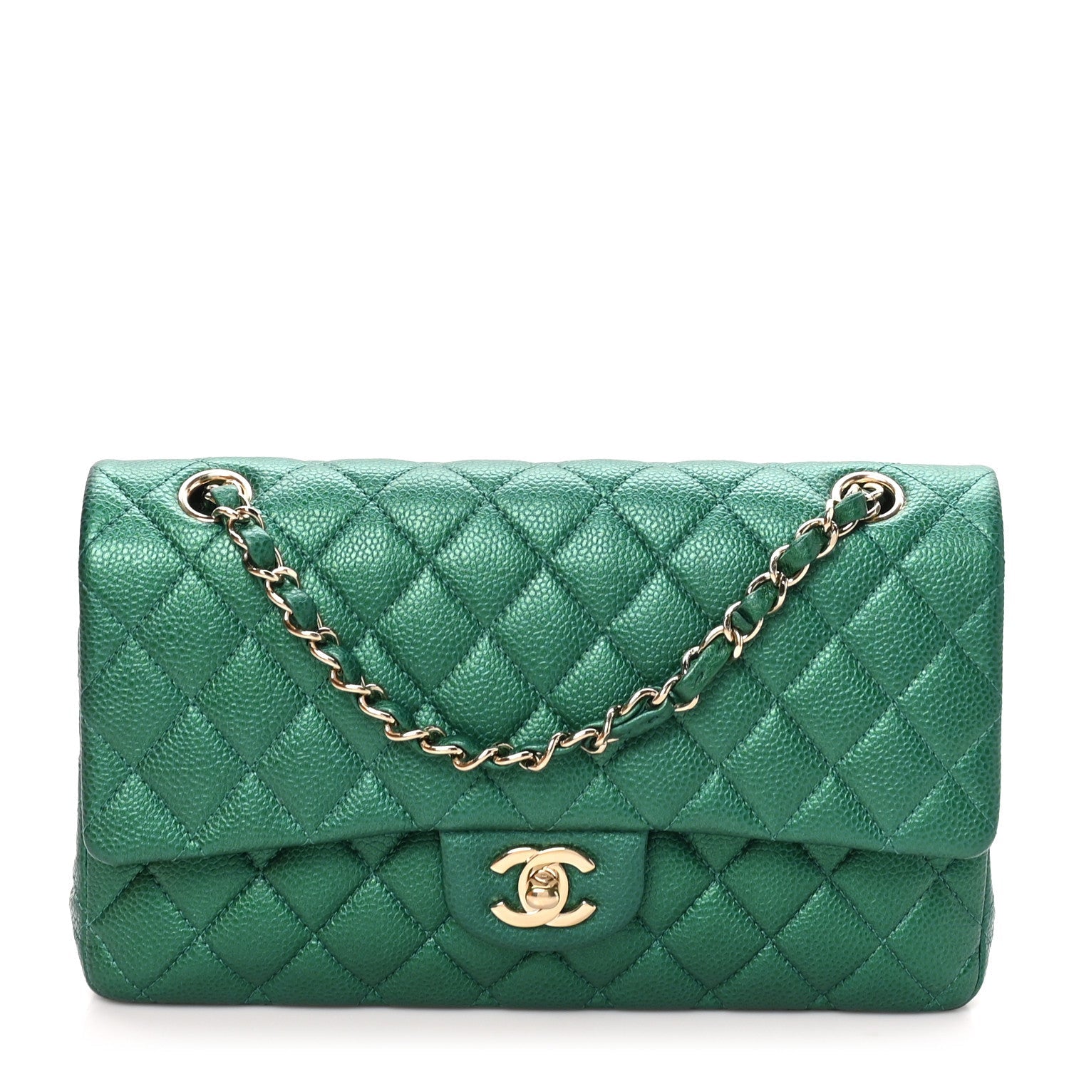 Metallic Caviar Quilted Medium Double Flap Green