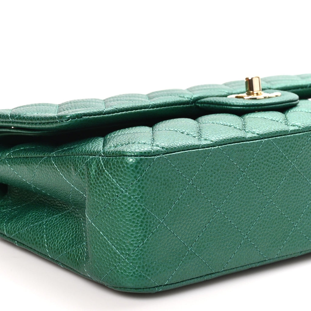 Metallic Caviar Quilted Medium Double Flap Green