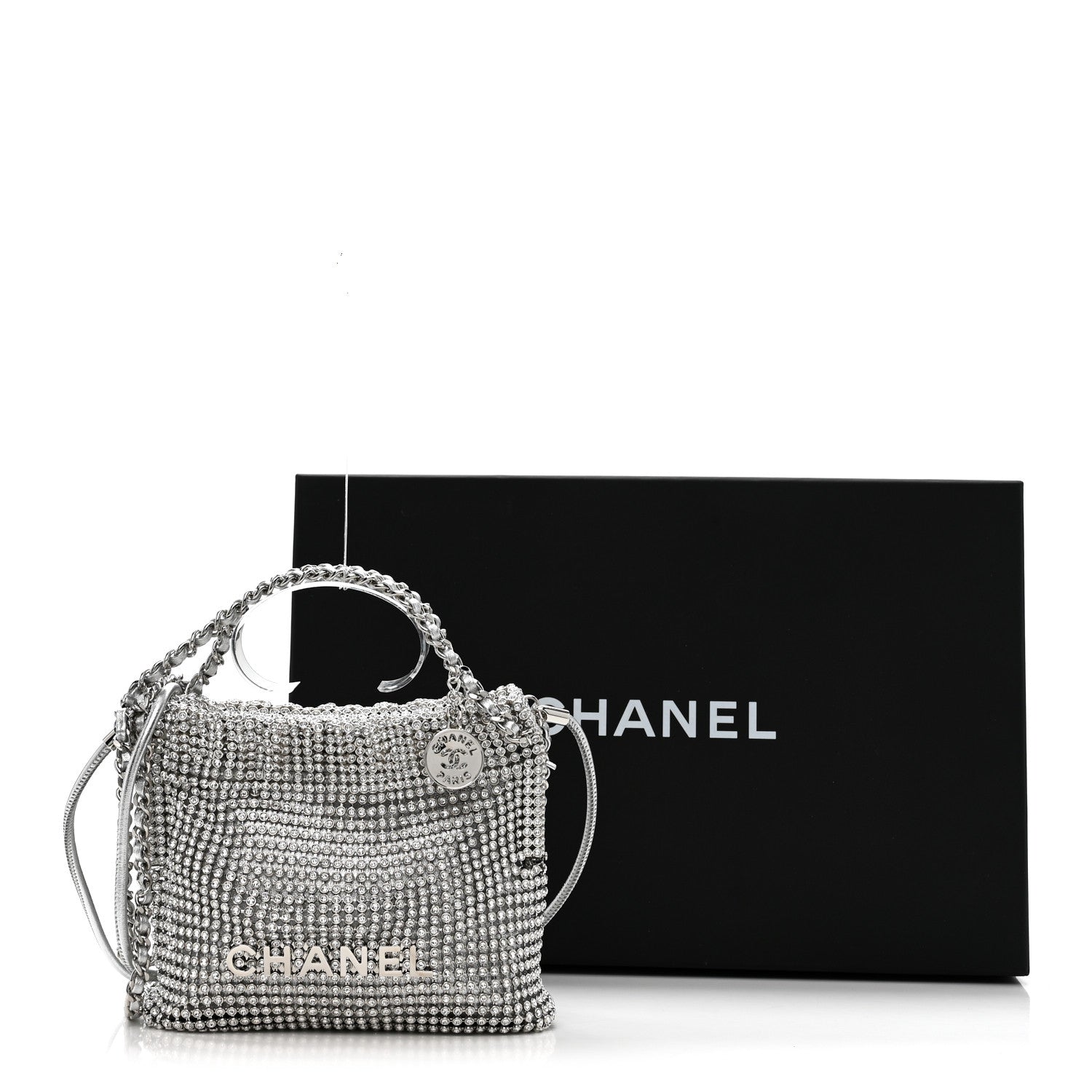 Crystal Embellished Metallic Lambskin Mini Chanel 22 Silver
