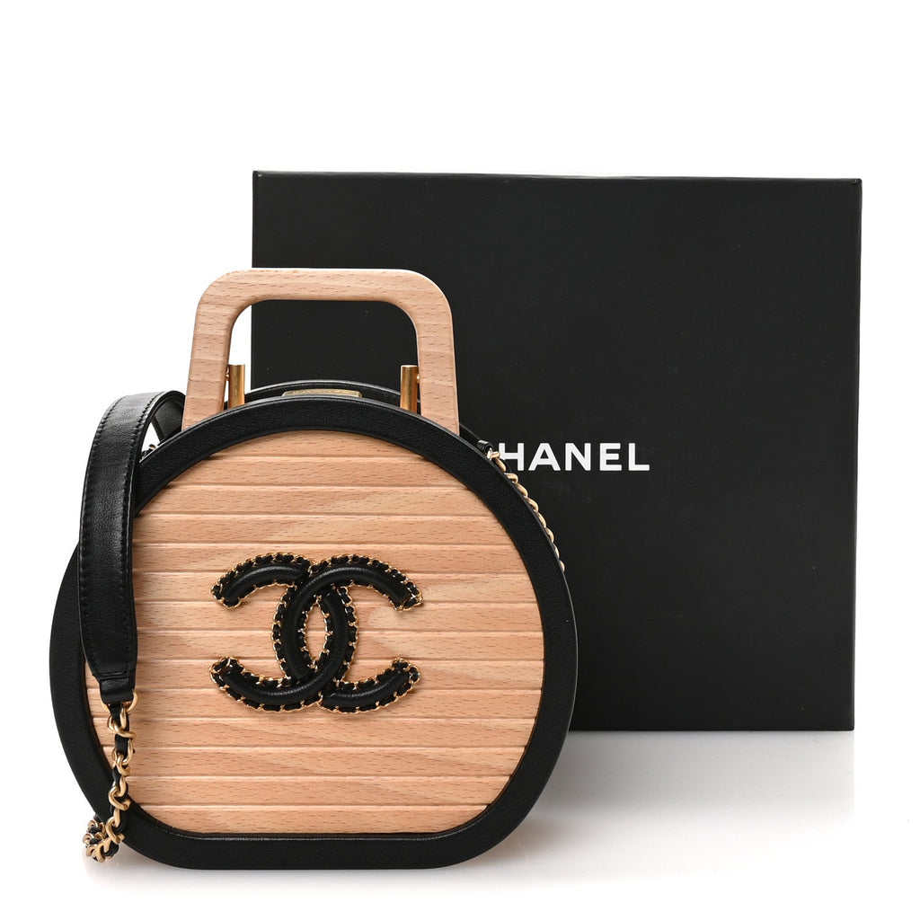 Beech Wood Lambskin Round CC Vanity Case Black