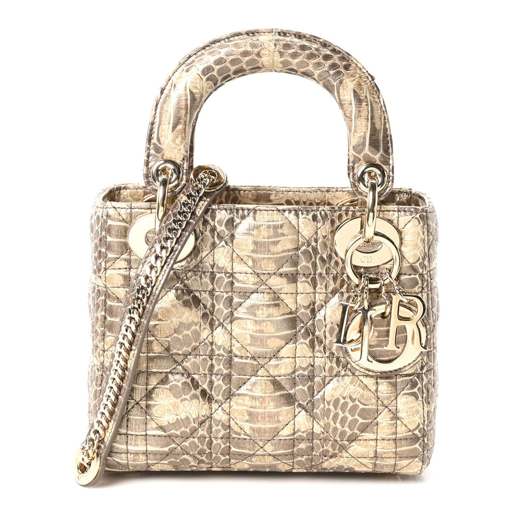 Metallic Snakeskin Cannage Mini Lady Dior Beige