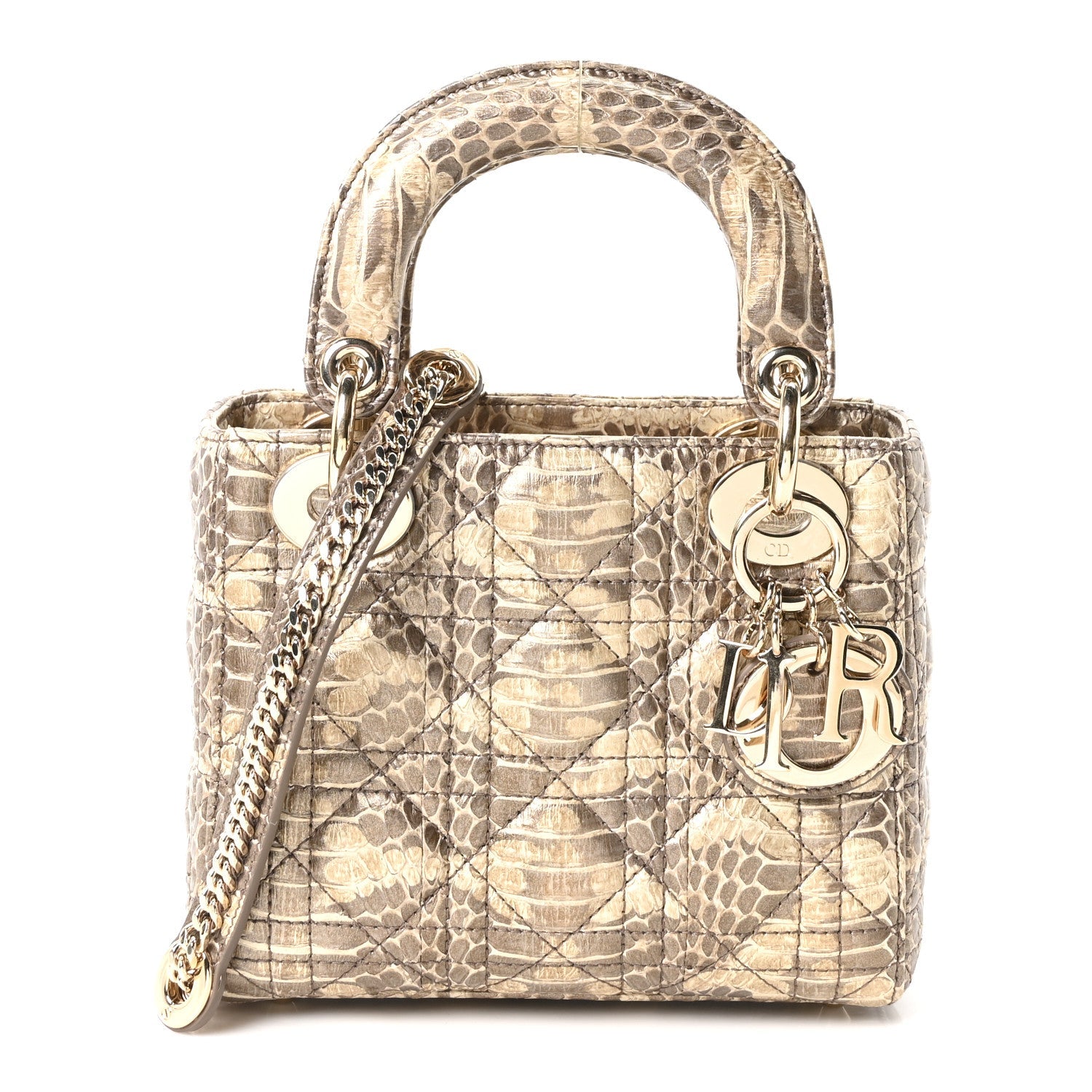 Metallic Snakeskin Cannage Mini Lady Dior Beige