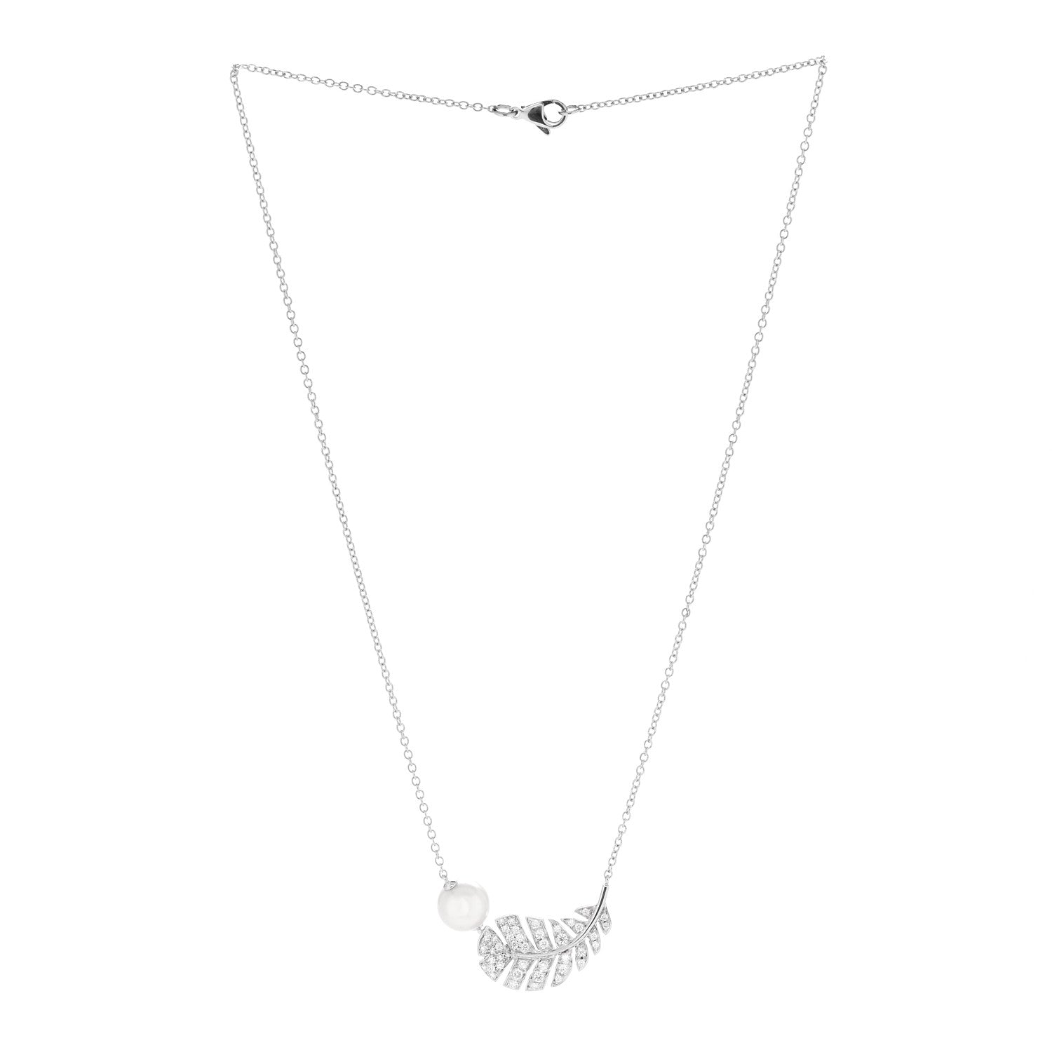 18K White Gold Diamond Cultured Pearl Plume De Chanel Necklace