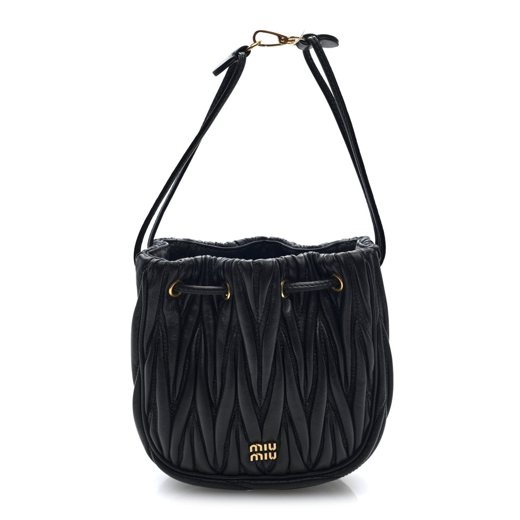 Nappa Matelasse Mini Drawstring Bucket Bag Black