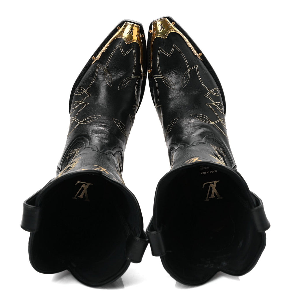 Calfskin LV Texan Mens Rider Boots 7.5 Black Gold