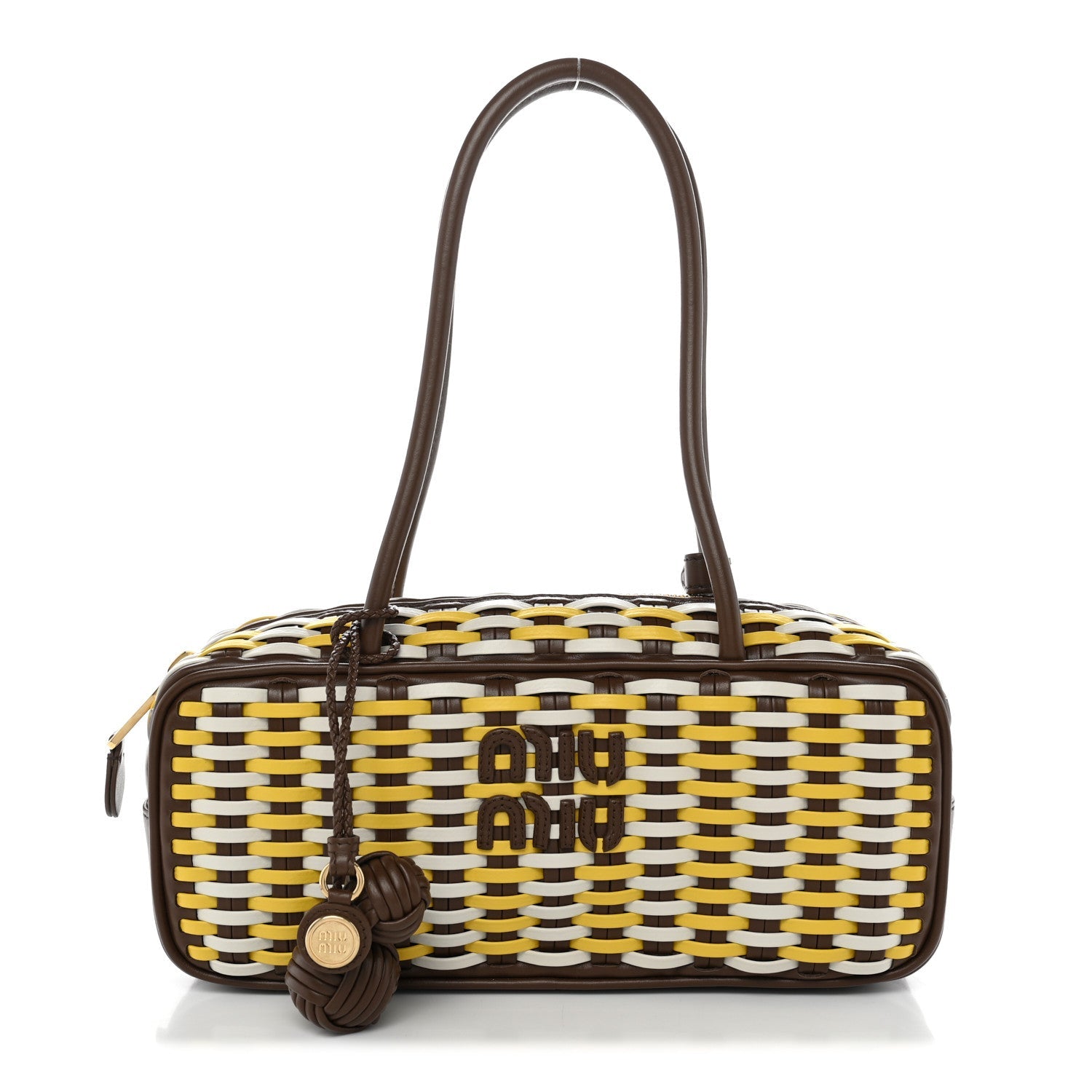 Woven Calfskin Small Beau Top Handle Bag Acero Sole Talco