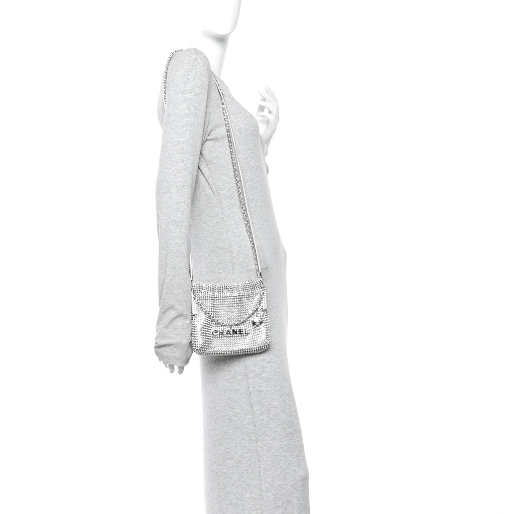 Crystal Embellished Metallic Lambskin Mini Chanel 22 Silver