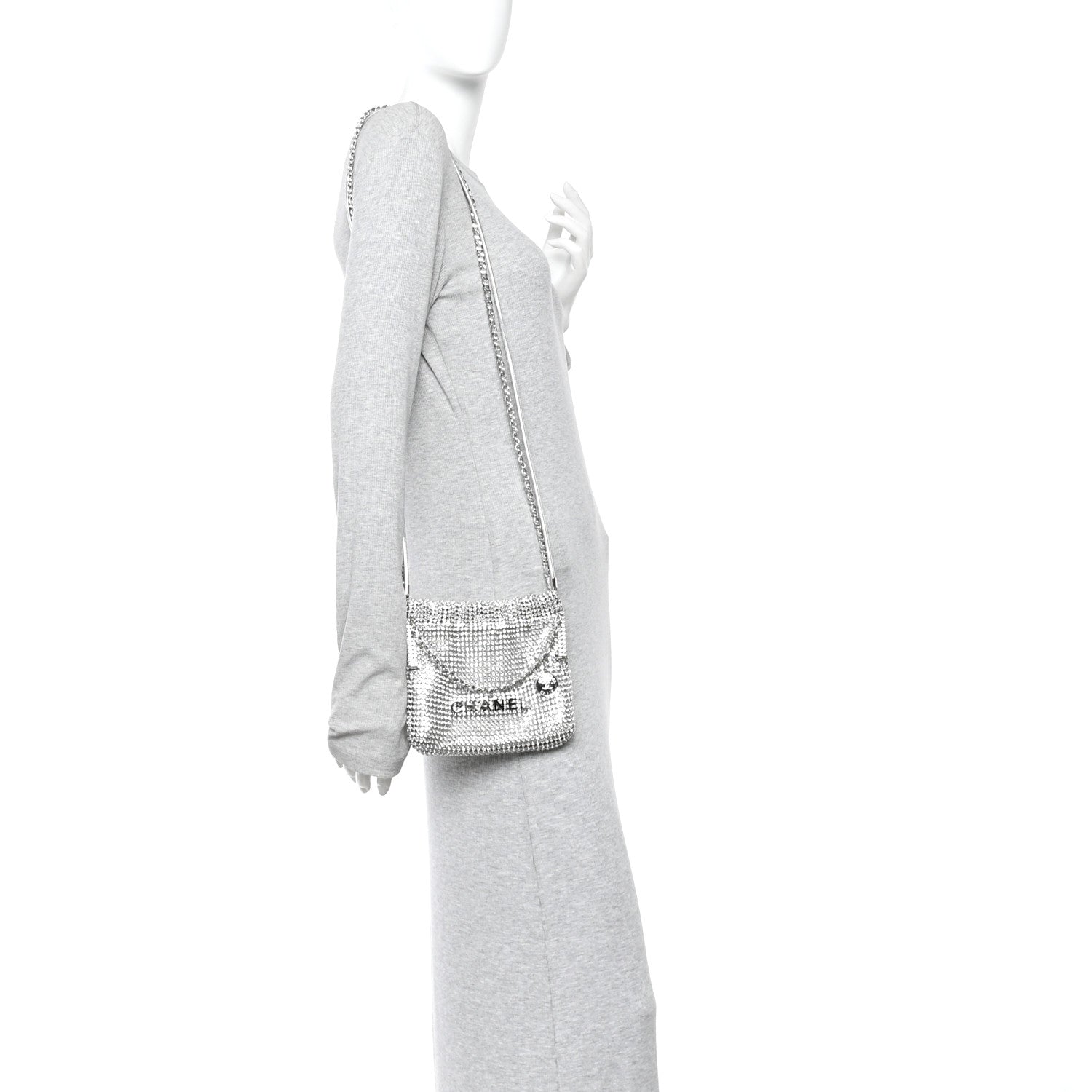 Crystal Embellished Metallic Lambskin Mini Chanel 22 Silver