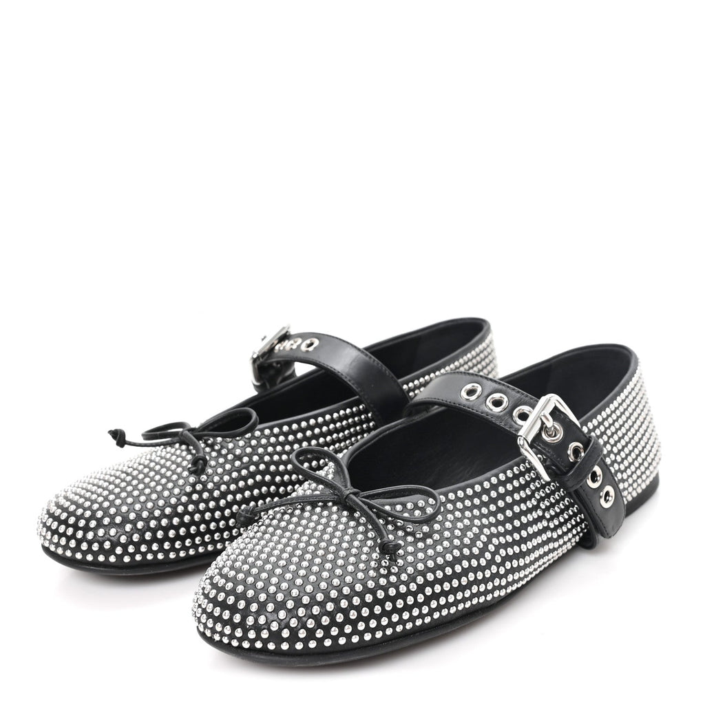 Calfskin Studded Mary Jane Ballerina Flats 36.5 Black