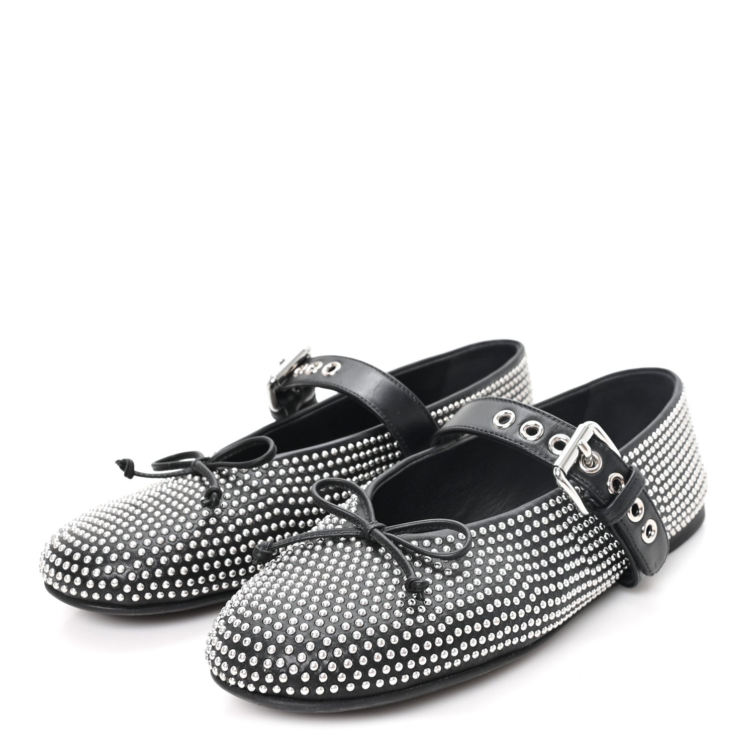 Calfskin Studded Mary Jane Ballerina Flats 36.5 Black