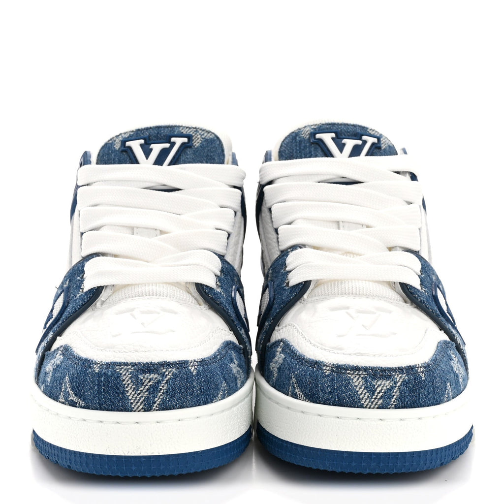 Calfskin Embossed Monogram Denim Womens LV Trainer Sneakers 35.5 Blue