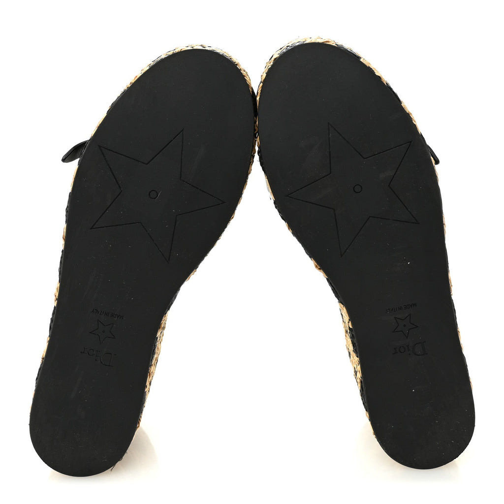 Raffia Calfskin L'Amazone Wedge Sandals 37 Black Natural