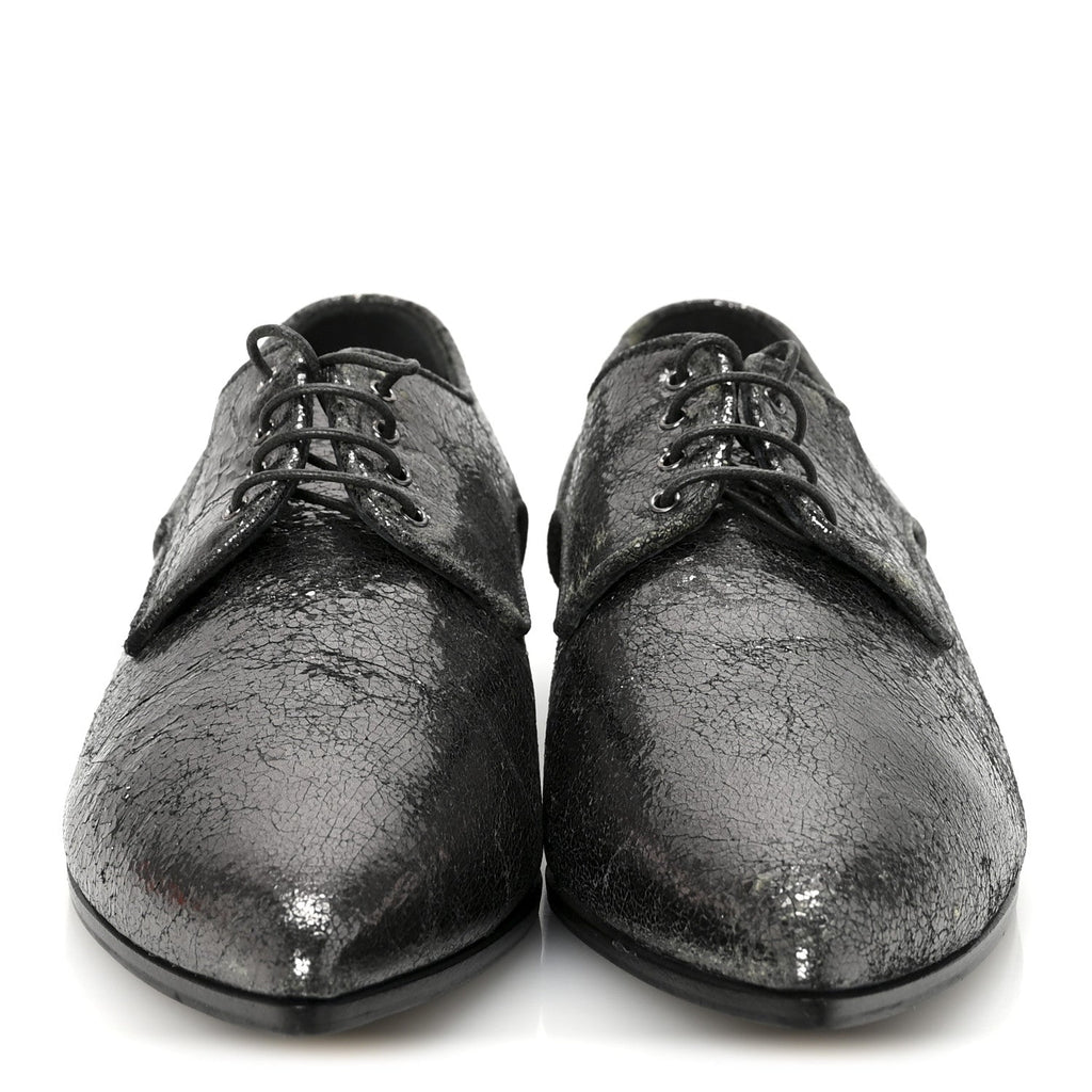 Metallic Crinkled Patent Lace Up Oxford Flats 37.5 Dark Silver