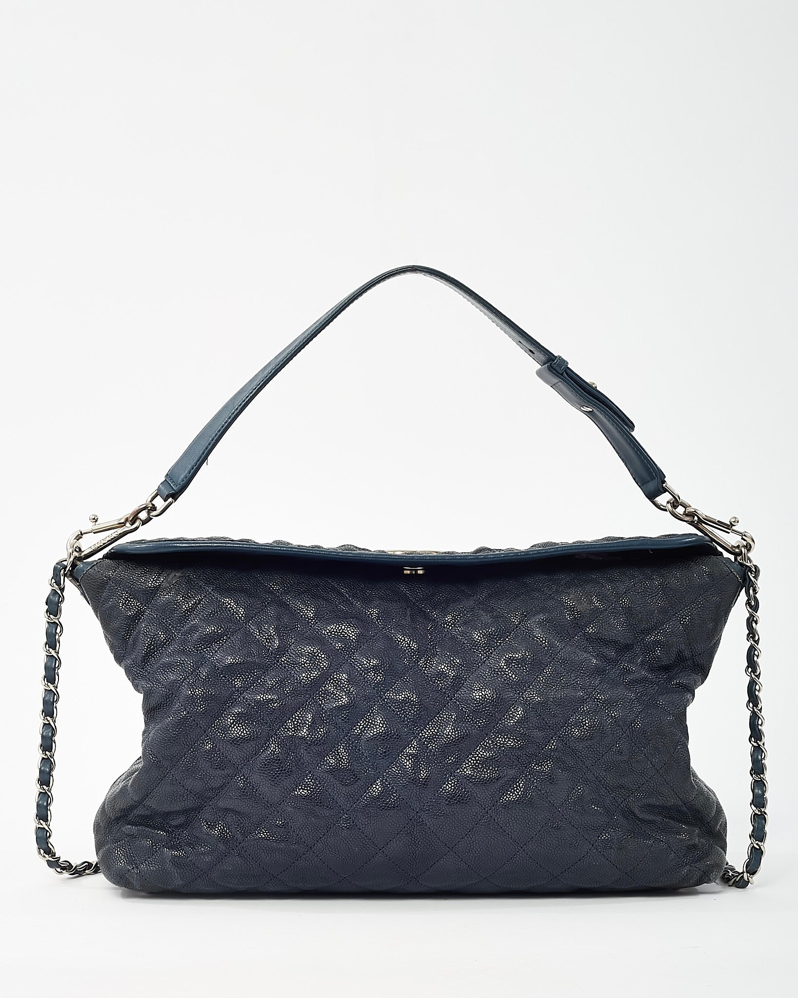 Chanel Navy Quilted Caviar Leather French Riviera 2Way Hobo Shoulder Bag