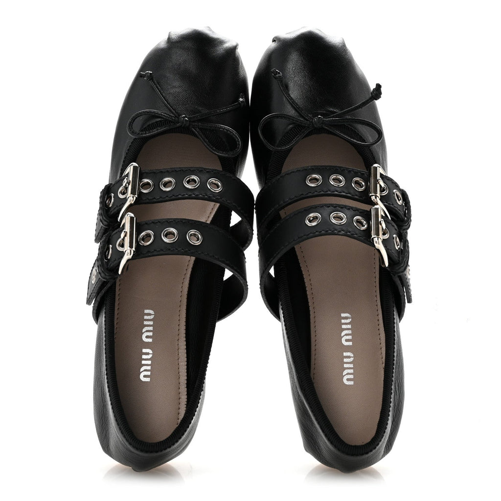 Nappa Vitello Nevada Double Buckle Ballerina Flats 36 Black