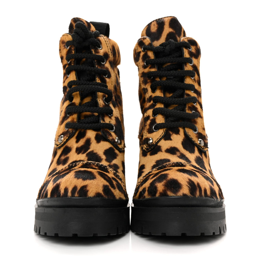 Cavallino Calf Hair Leopard Lace Up Boots 37.5 Miele