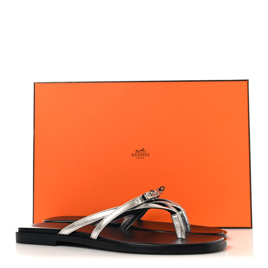 Metallic Goatskin Miss Sandals 37 Gris Argente