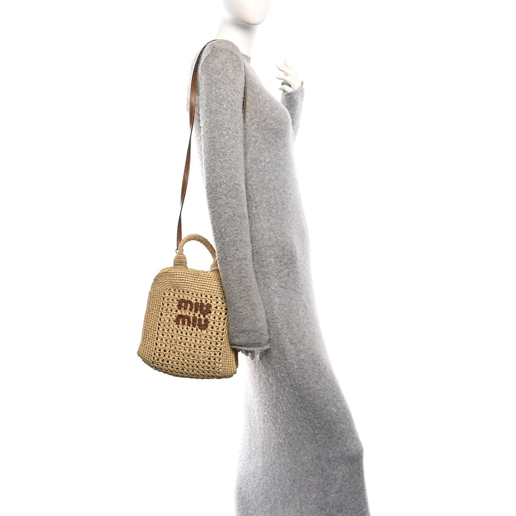 Raffia Crochet Woven Tote Bag Beige