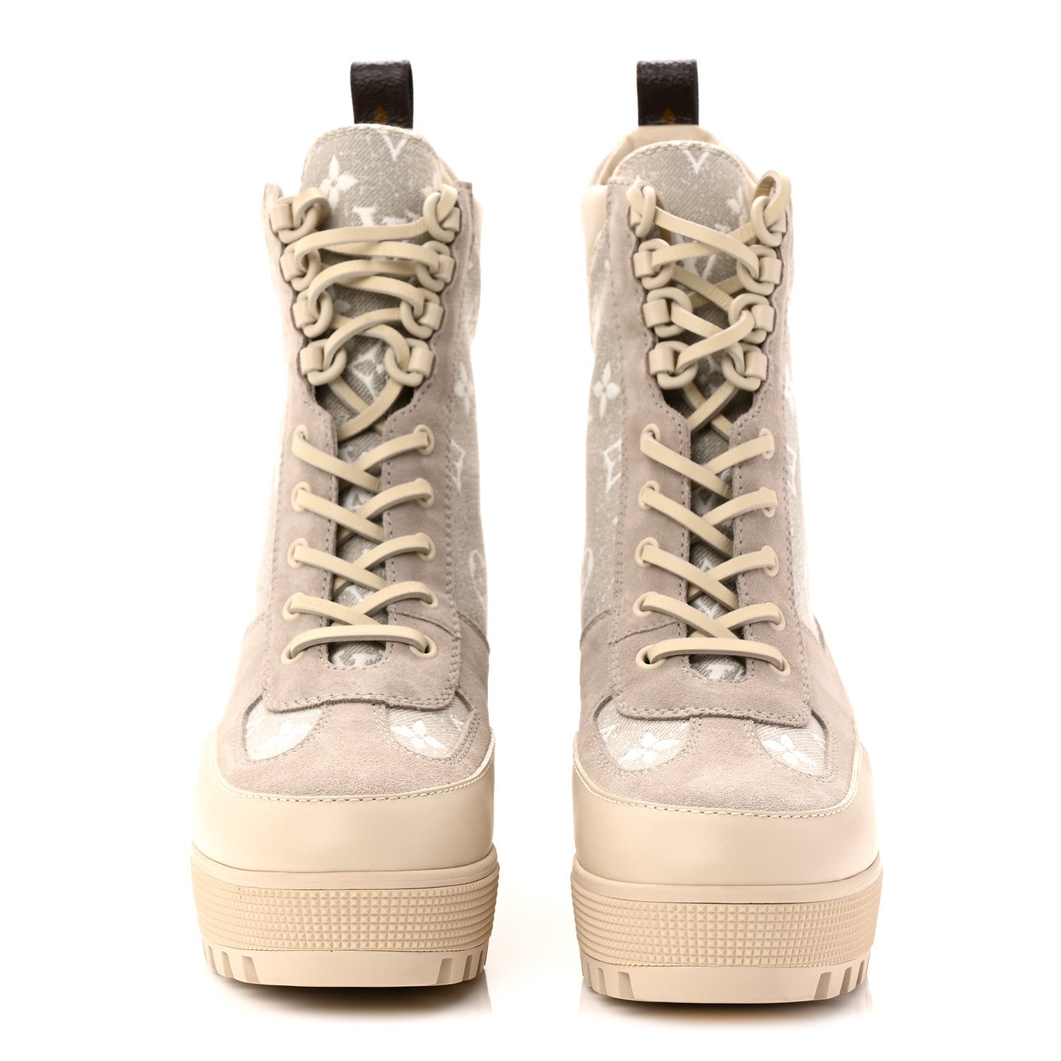 Suede Calfskin Monogram Denim Laureate Platform Desert Boots 38.5 Taupe