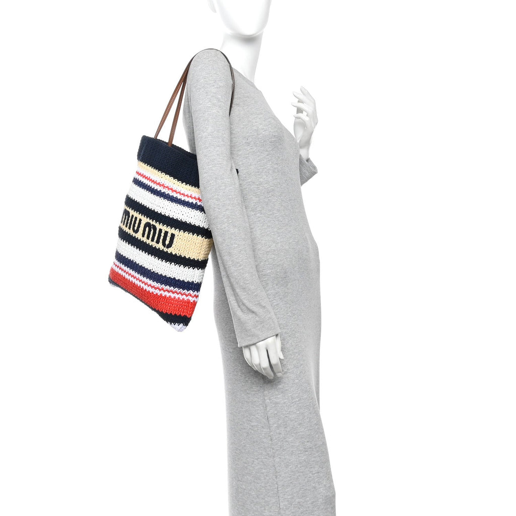 Raffia Crochet Stripe Vertical Tote Bag  Blue Red Natural