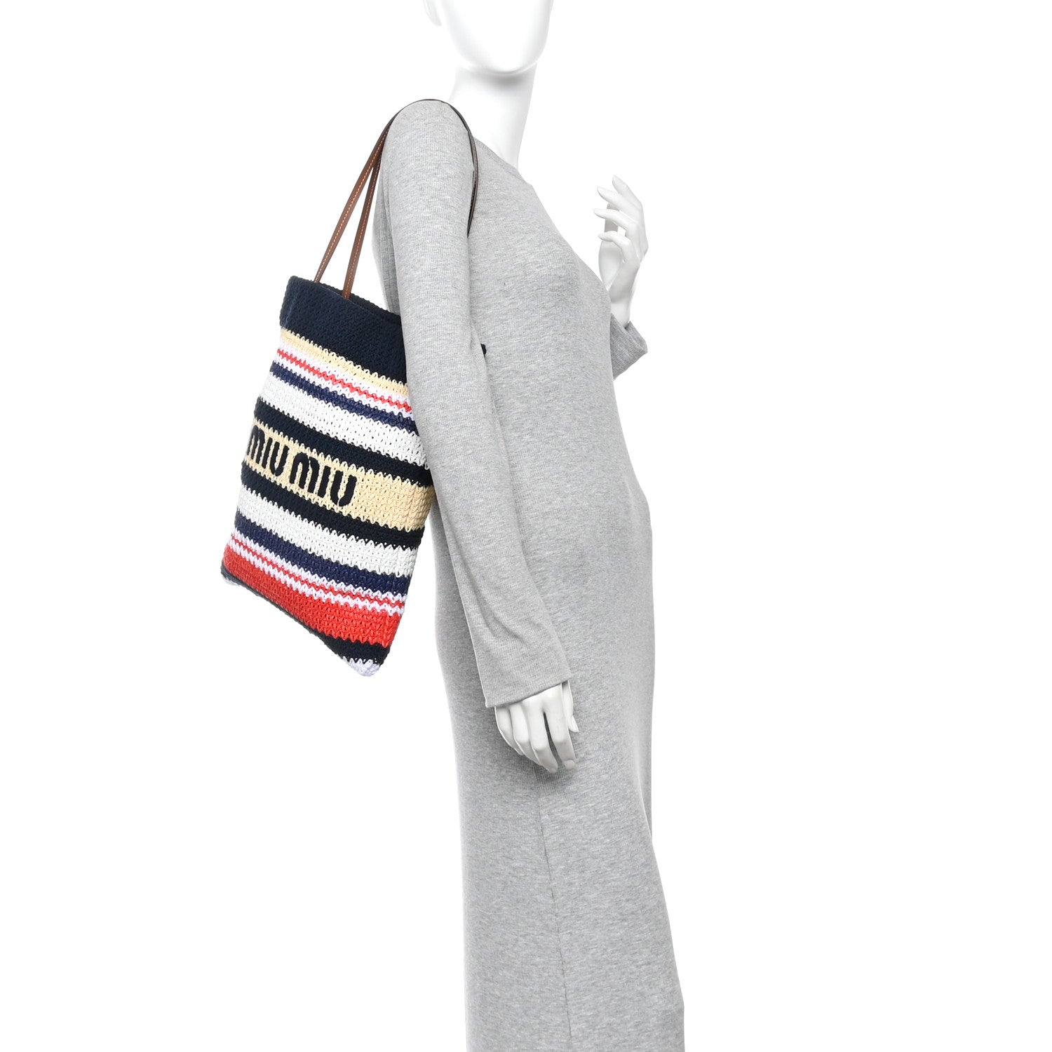 Raffia Crochet Stripe Vertical Tote Bag  Blue Red Natural