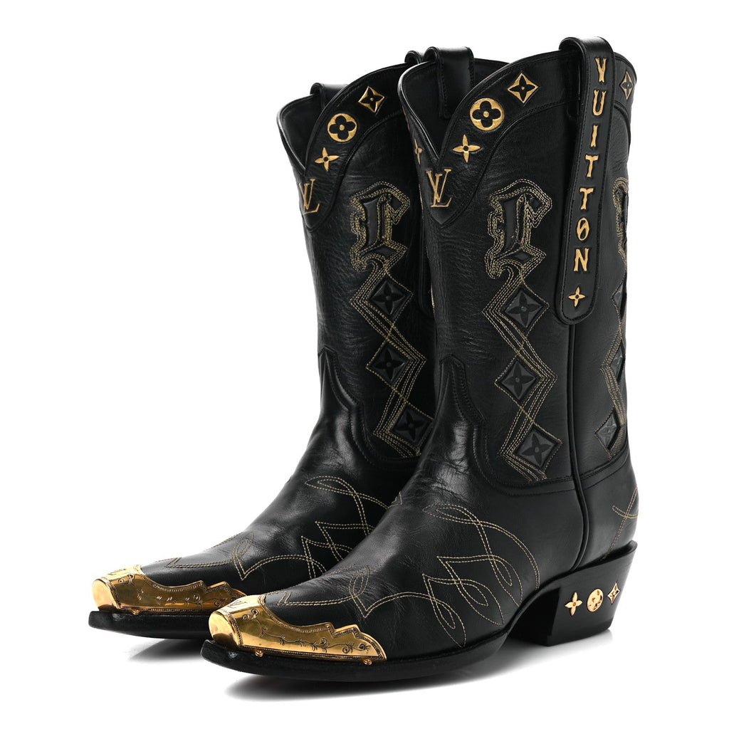 Calfskin LV Texan Mens Rider Boots 7.5 Black Gold