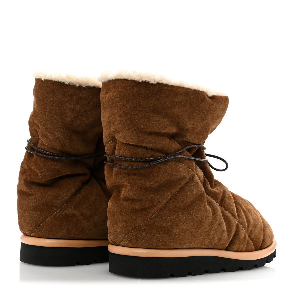 Suede Shearling Quilted Flat Ankle Boot 38 Beige