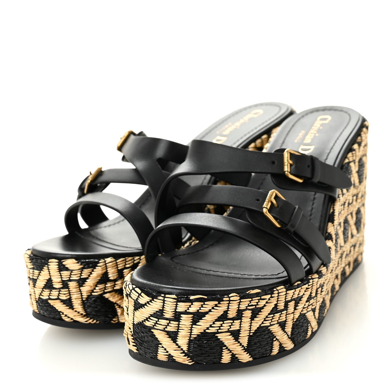 Raffia Calfskin L'Amazone Wedge Sandals 37 Black Natural