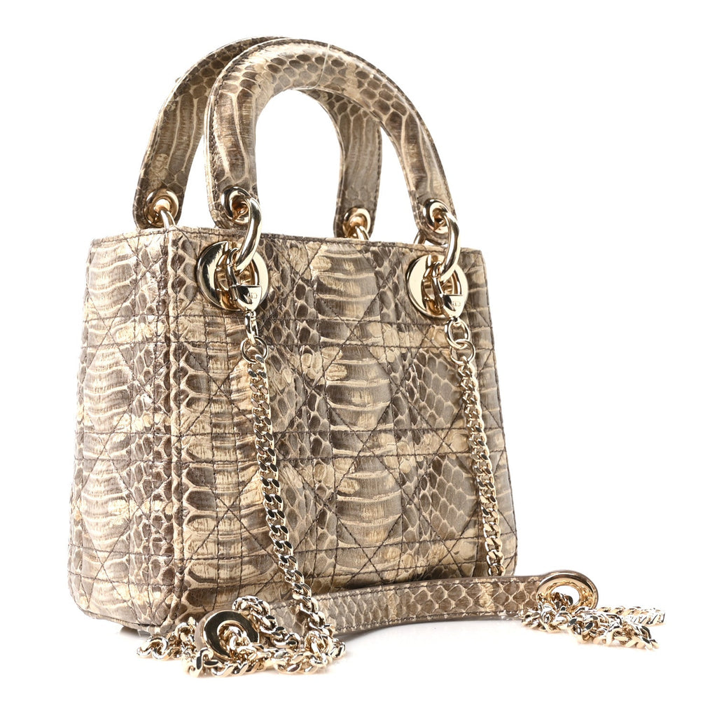 Metallic Snakeskin Cannage Mini Lady Dior Beige