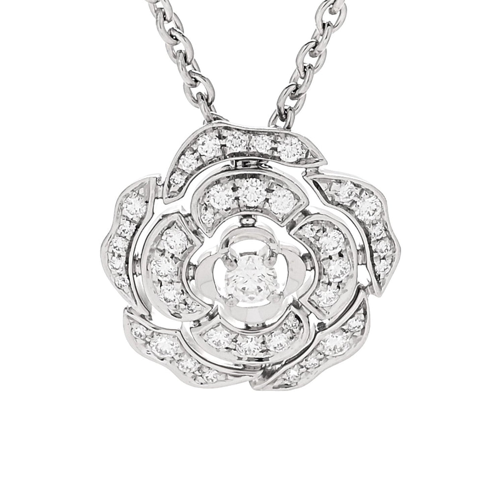18K White Gold Diamond Bouton de Camelia Pendant Necklace