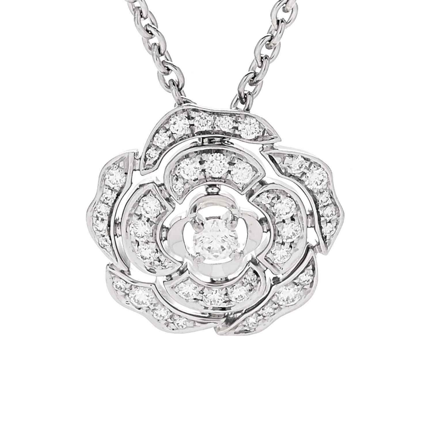 18K White Gold Diamond Bouton de Camelia Pendant Necklace