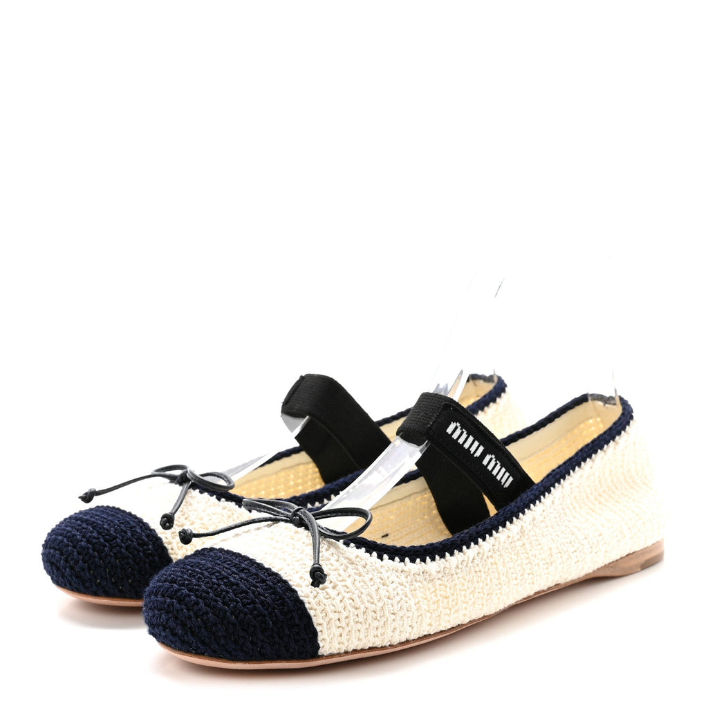 Cotton Crochet Knit Ballerina Flats 38.5 Avorio Blue