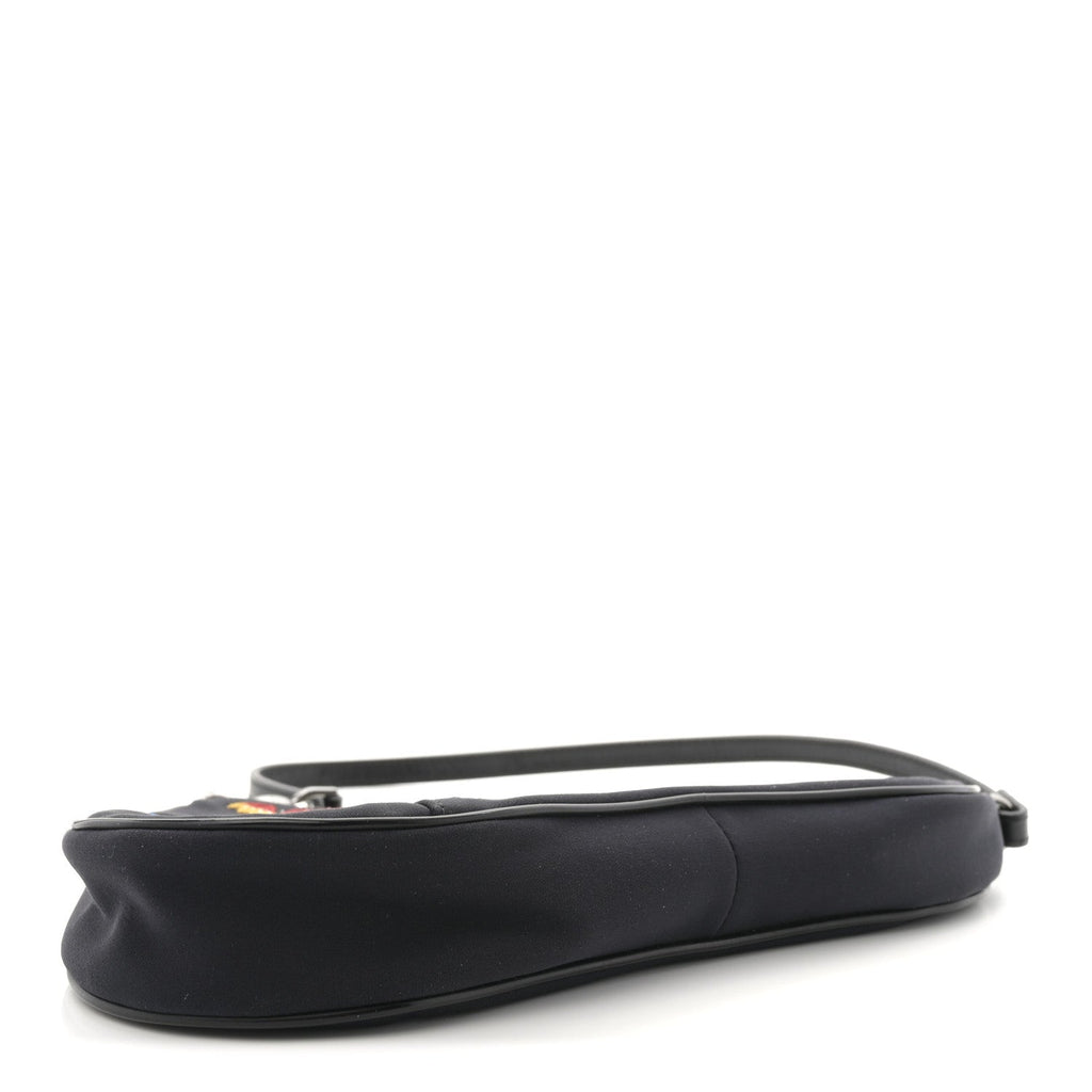 Satin Embroidered Floral Mini Saddle Pochette Bag Black