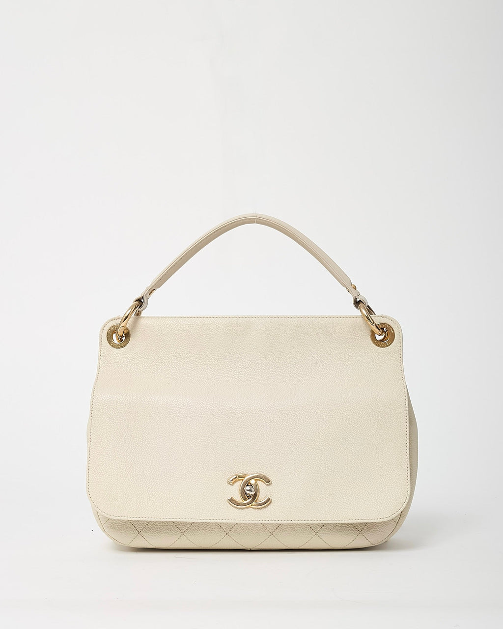 Chanel White Caviar Leather Large Top Handle Flap Bag with Removable Strap