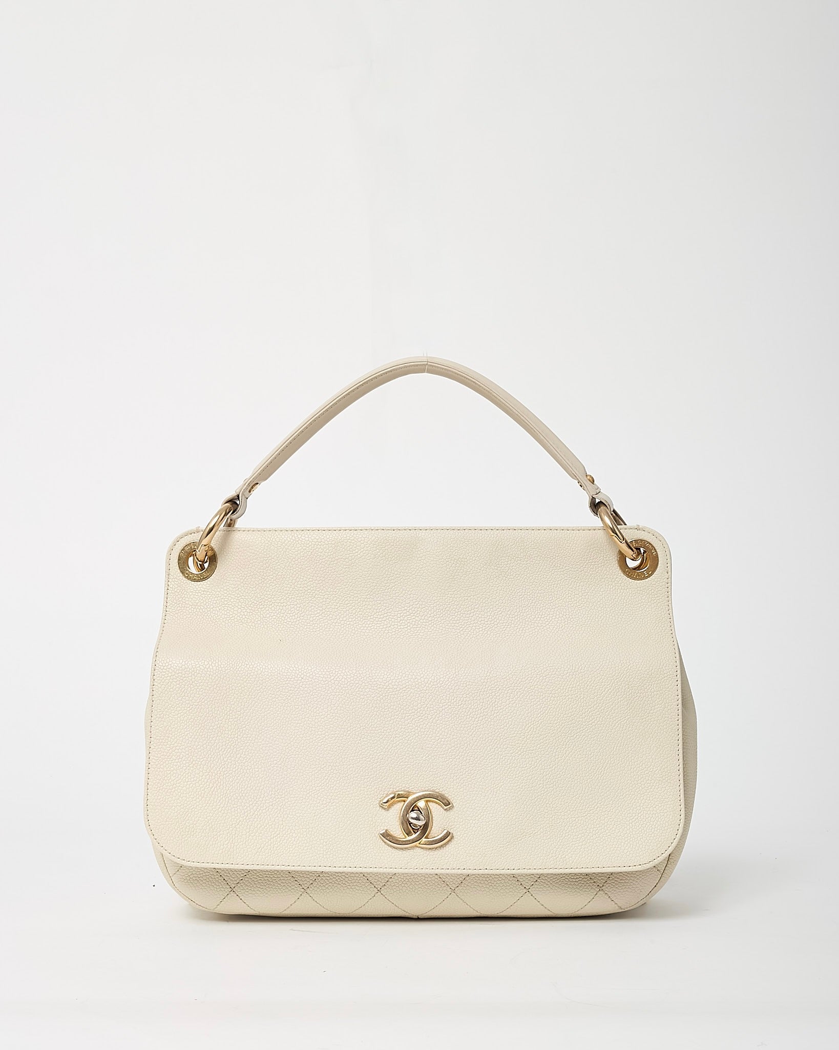 Chanel White Caviar Leather Large Top Handle Flap Bag with Removable Strap