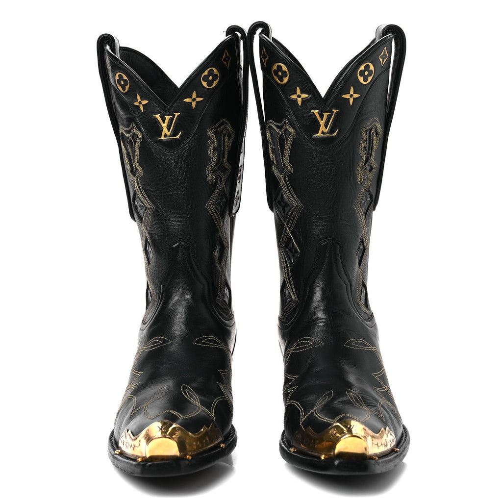 Calfskin LV Texan Mens Rider Boots 7.5 Black Gold
