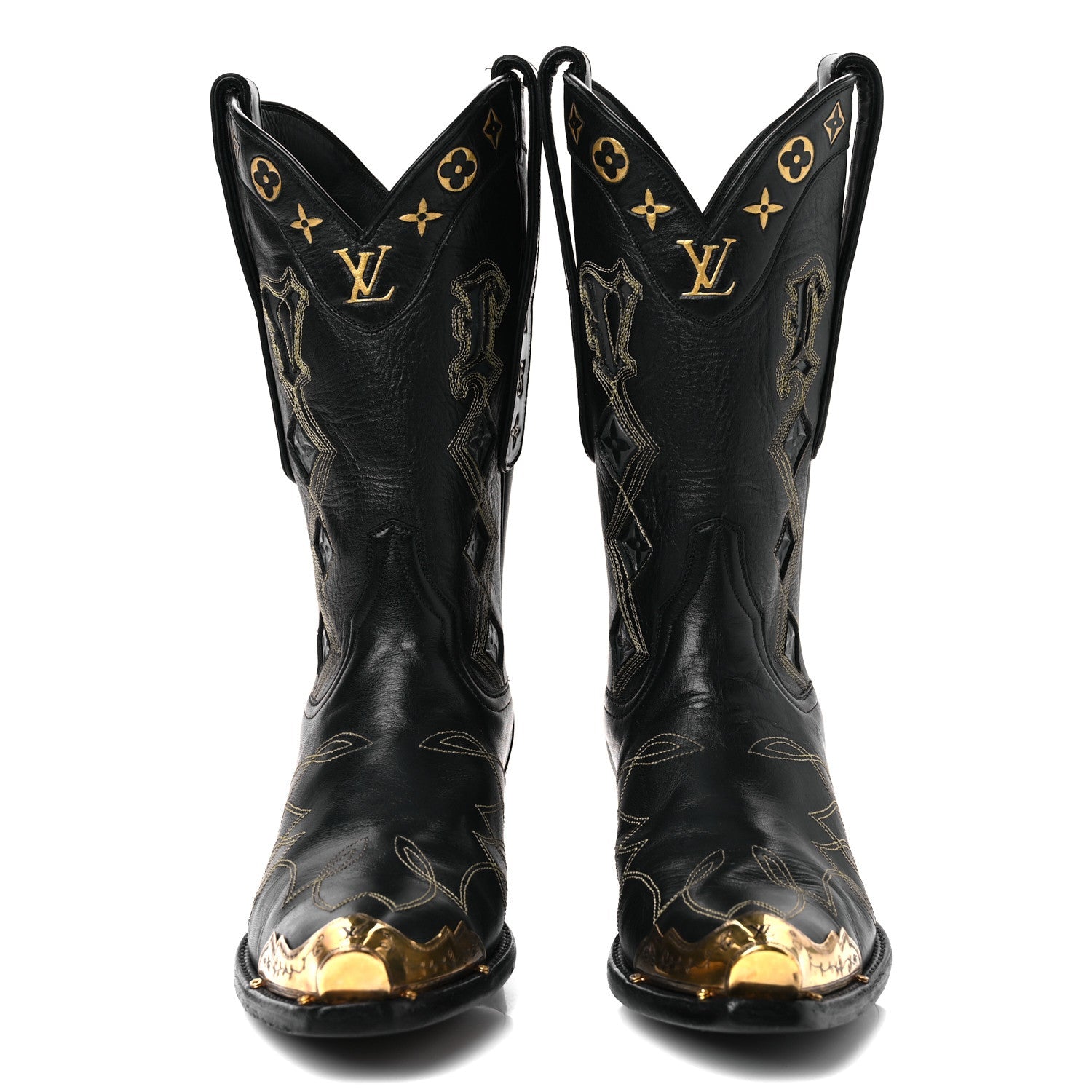 Calfskin LV Texan Mens Rider Boots 7.5 Black Gold