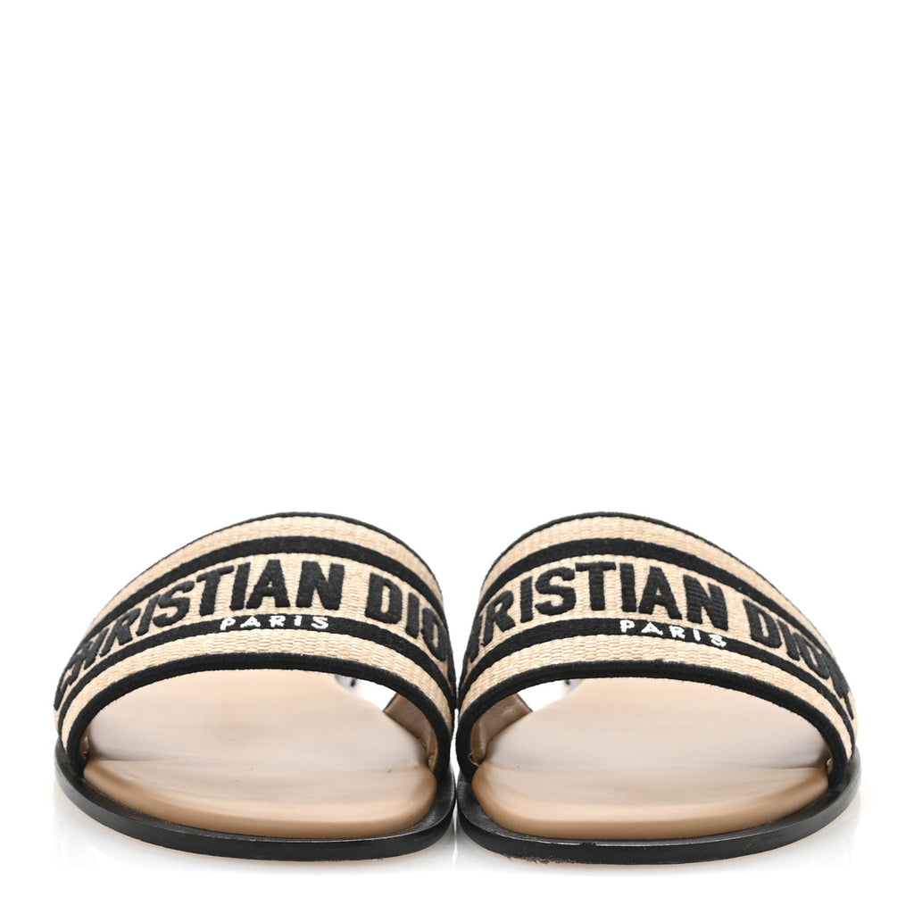 Straw Embroidered Dway Flat Slide Sandals 41 Natural Black