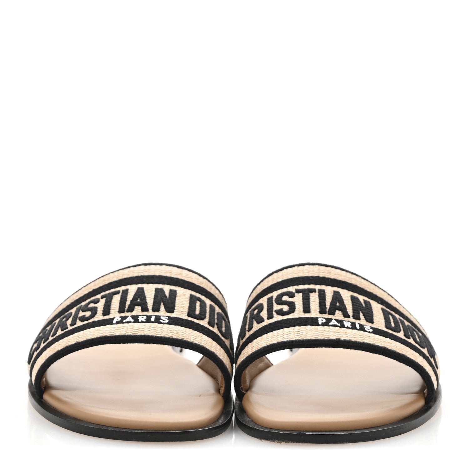 Straw Embroidered Dway Flat Slide Sandals 41 Natural Black