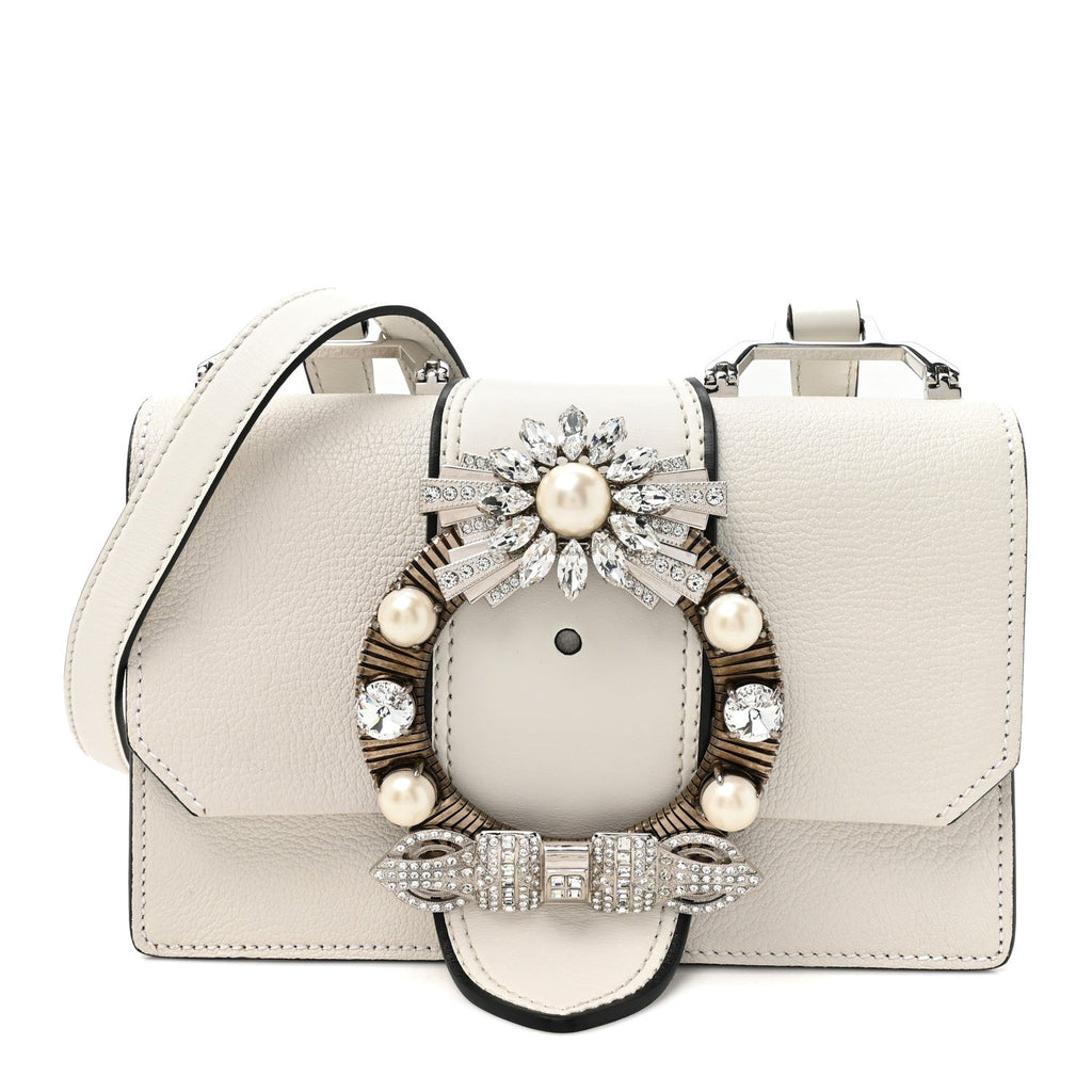 Goatskin Madras Soft Calf Crystal Embellished Shoulder Bag Bianco