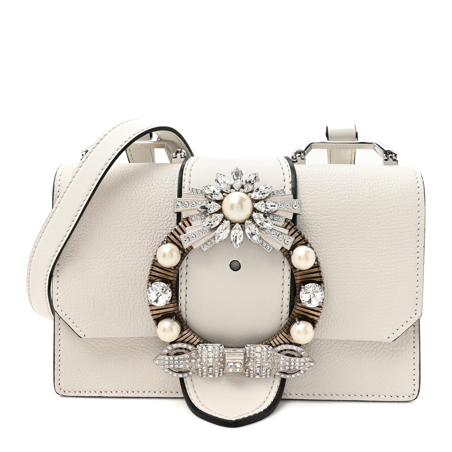 Goatskin Madras Soft Calf Crystal Embellished Shoulder Bag Bianco