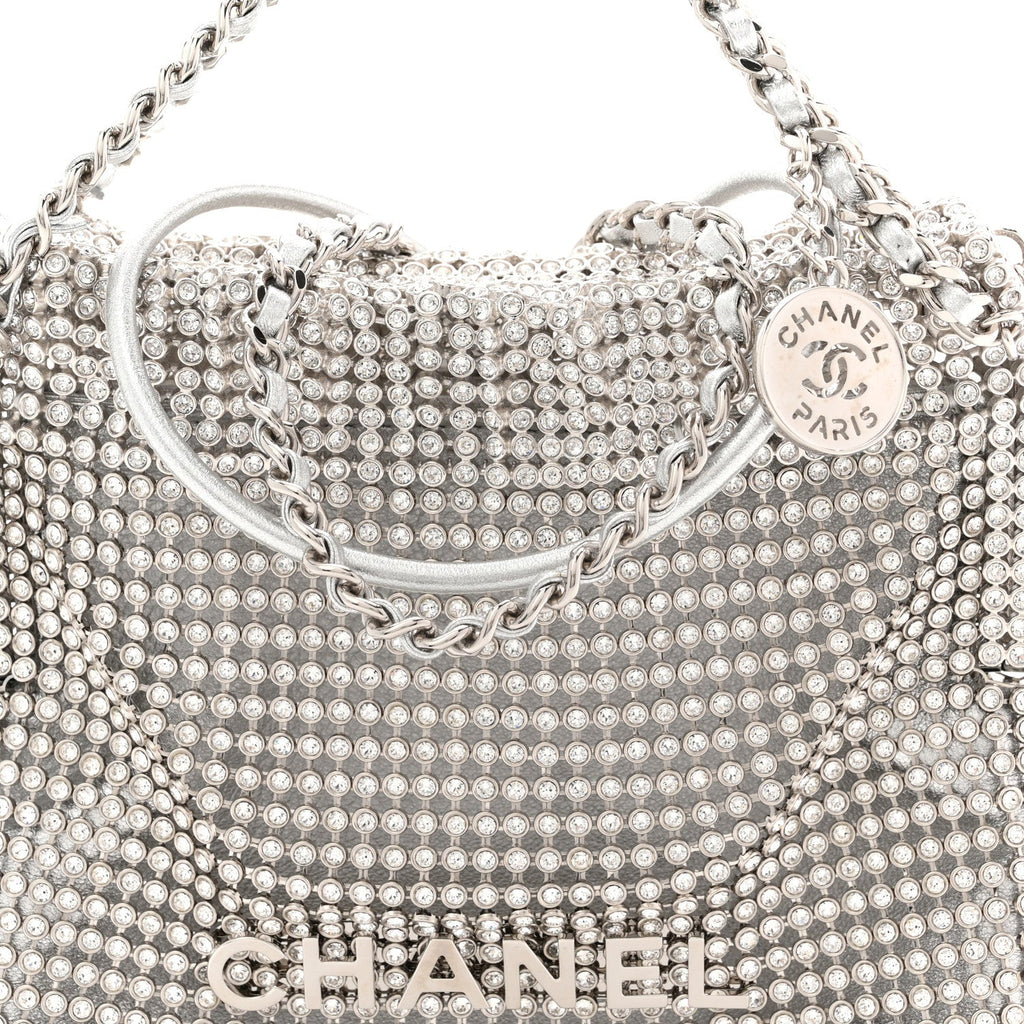 Crystal Embellished Metallic Lambskin Mini Chanel 22 Silver