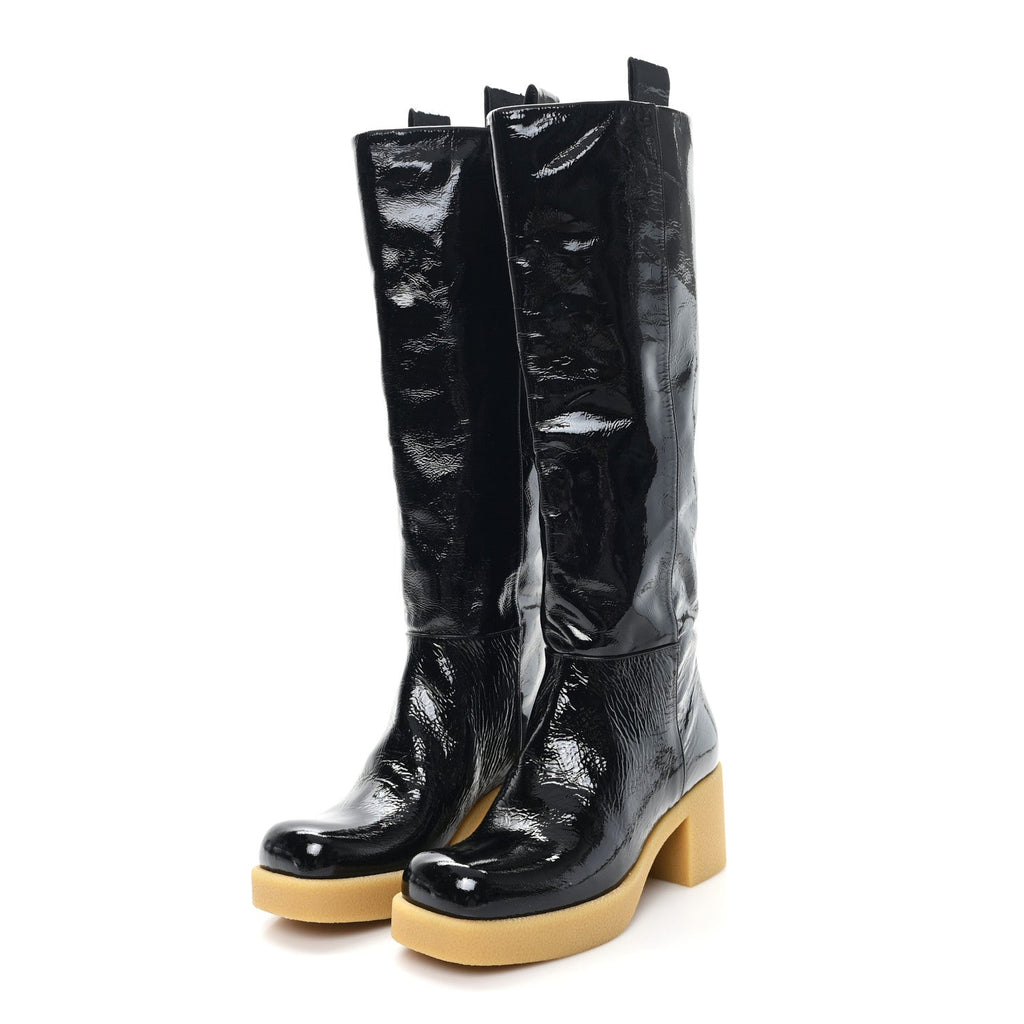 Crinkled Patent Calfskin Knee High Boots 37.5 Black