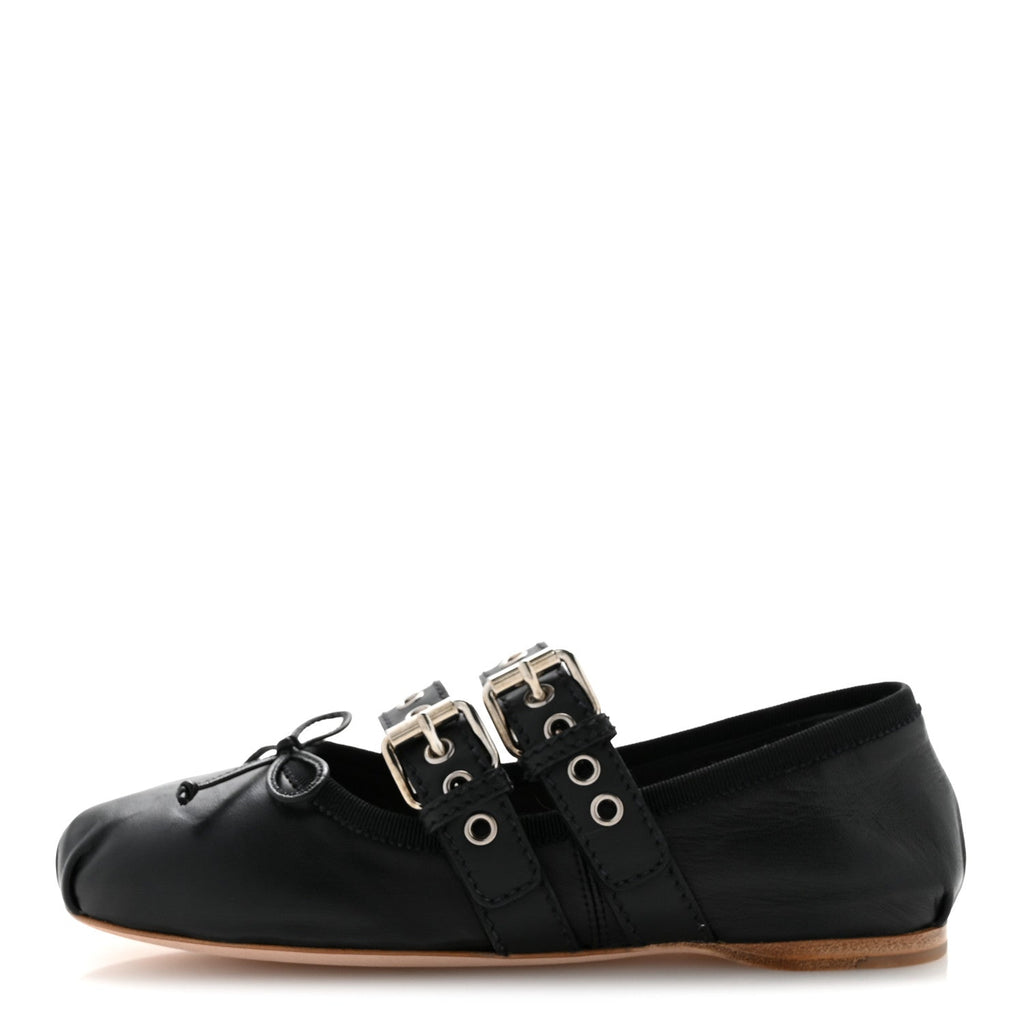 Nappa Vitello Nevada Double Buckle Ballerina Flats 36 Black