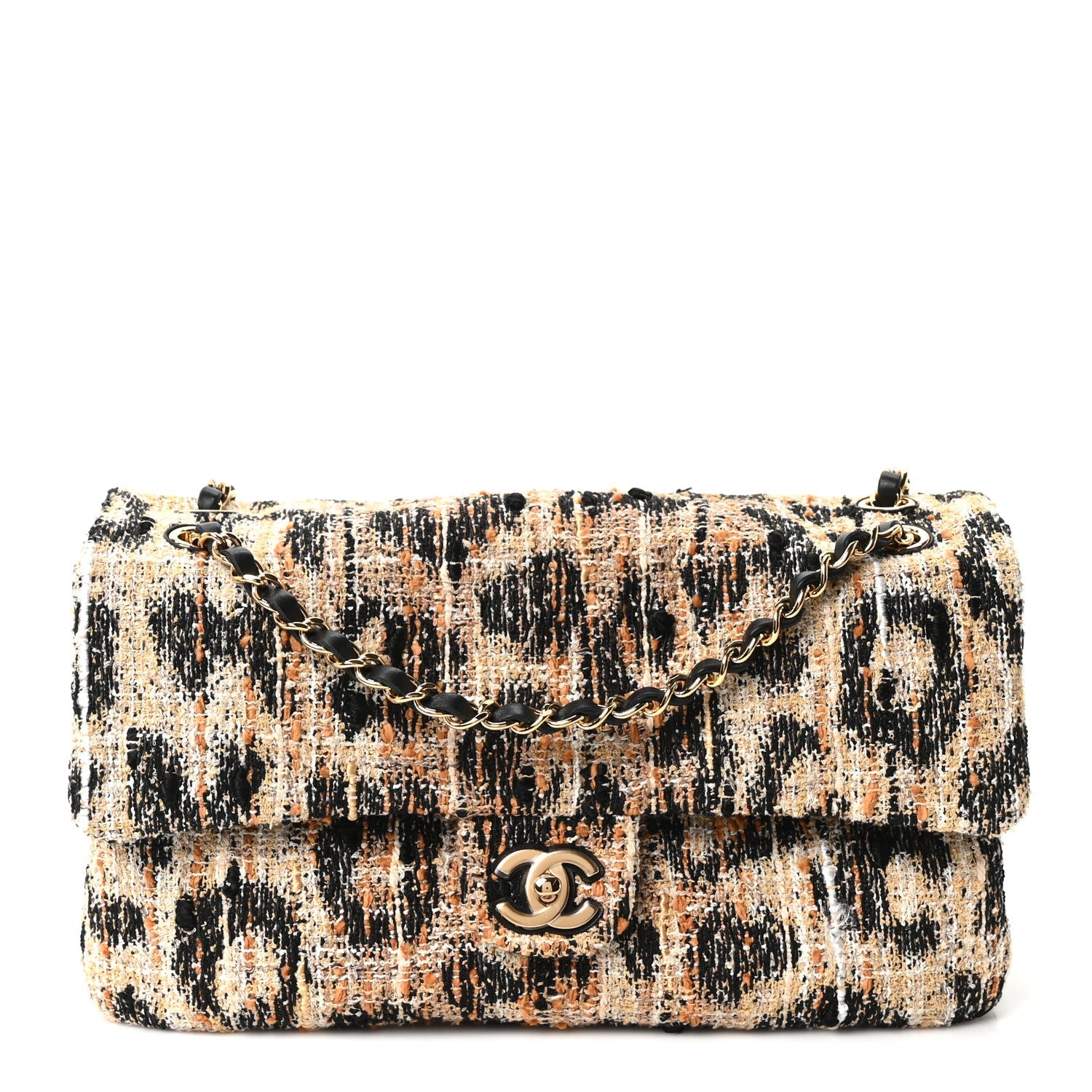 Tweed Mixed Fibers Leopard Print Small Souplissimo Maxi Flap Brown Black White